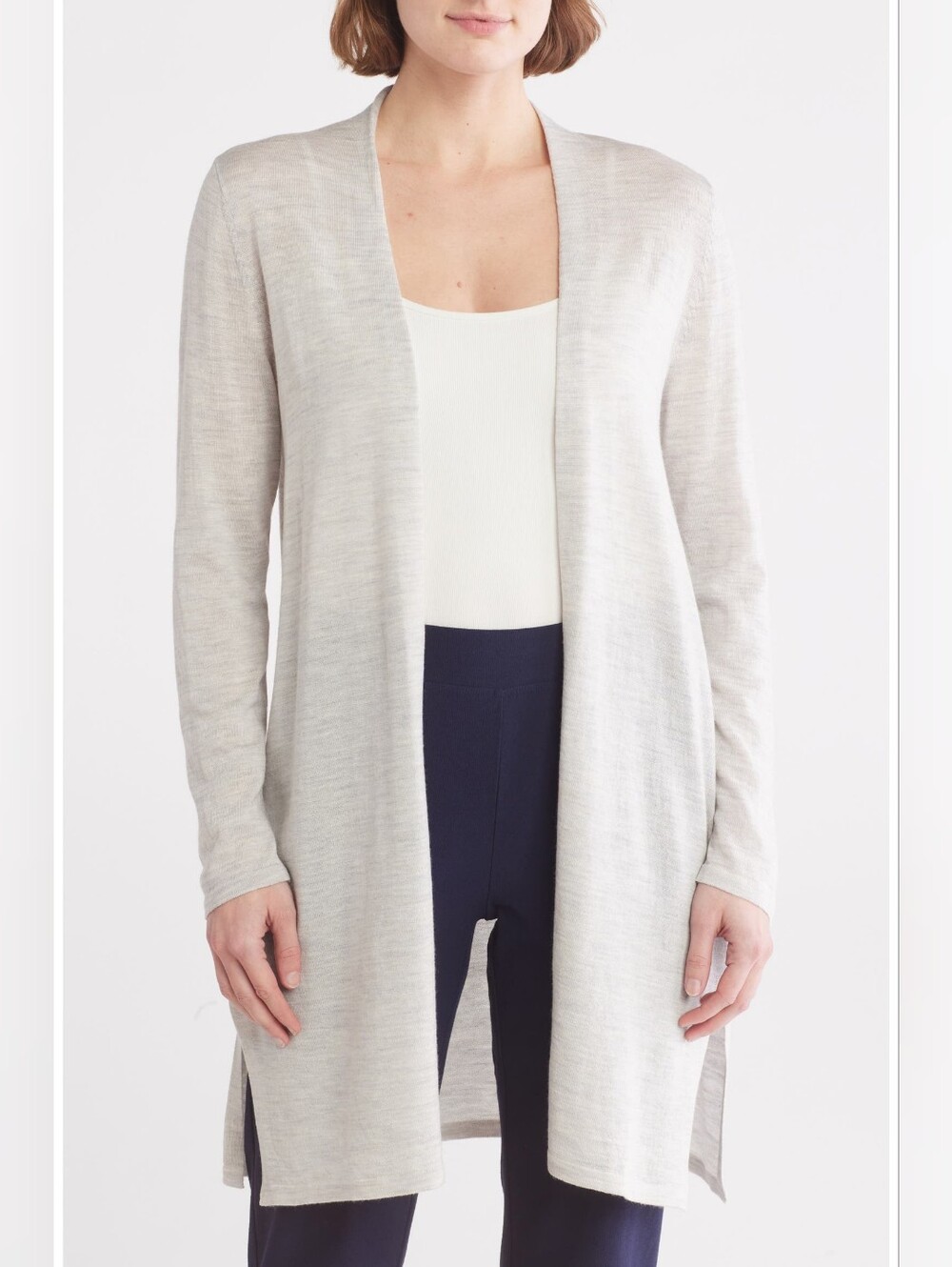 Eileen Fisher Light Gray Open-Front Long Cardigan Fine Merino Wool Sz Large